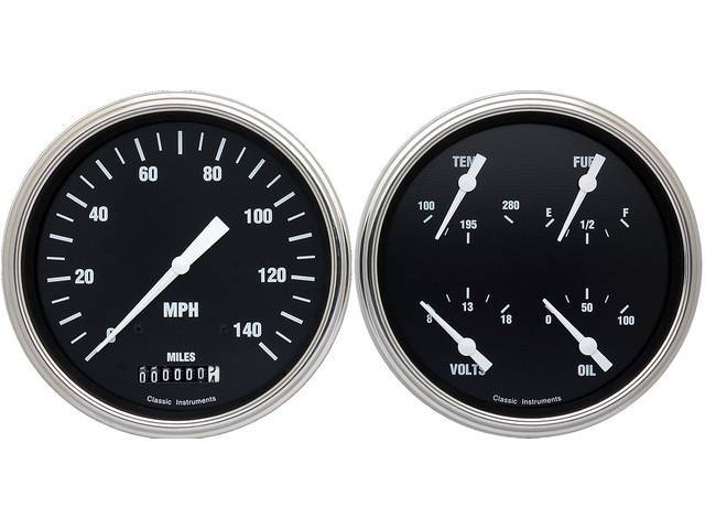 GAUGE KIT, Classic Instruments, Hot Rod Series (gauge has white pointer w/ white markings on a black face), incl 4 5/8 inch o.d. speedometer and quad gauge w/ fuel, oil, temperature, volts