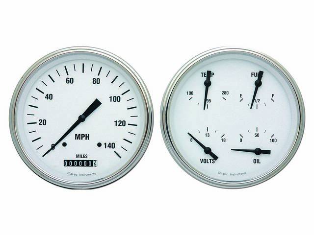 GAUGE KIT, Classic Instruments, White Hot Series (gauge has black pointer w/ black markings on a white face), incl 4 5/8 inch o.d. speedometer and quad gauge w/ fuel, oil, temperature, volts