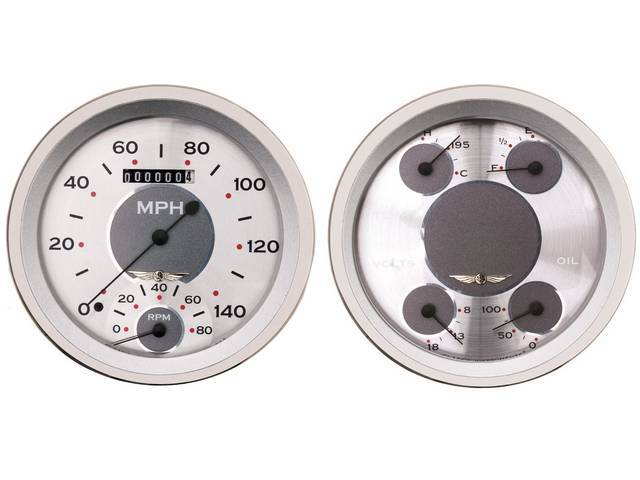 GAUGE KIT, Classic Instruments, All American Tradition Series (gauge has white pointer w/ silver markings on a black / silver face), incl 5 inch speedometer w/ smAller tachometer, 5 inch quad gauge w/ fuel, oil, temperature, volts