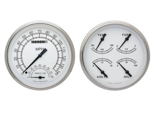 GAUGE KIT, Classic Instruments, Classic White Series (gauge has black pointer w/ black markings on a white face), incl 5 inch speedometer w/ smAller tachometer, 5 inch quad gauge w/ fuel, oil, temperature, volts