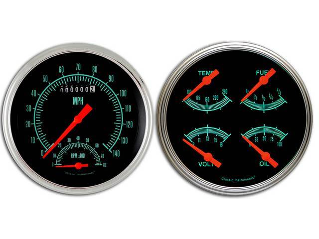 GAUGE KIT, Classic Instruments, G-Stock Series (gauge has orange pointer w/ green markings on a dark gray face), incl 5 inch speedometer w/ smAller tachometer, 5 inch quad gauge w/ fuel, oil, temperature, volts
