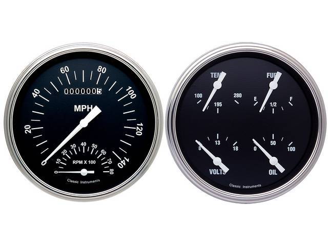 GAUGE KIT, Classic Instruments, Hot Rod Series (gauge has white pointer w/ white markings on a black face), incl 5 inch speedometer w/ smAller tachometer, 5 inch quad gauge w/ fuel, oil, temperature, volts