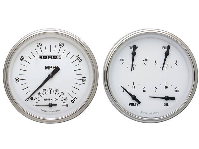 GAUGE KIT, Classic Instruments, White Hot Series (gauge has black pointer w/ black markings on a white face), incl 5 inch speedometer w/ smAller tachometer, 5 inch quad gauge w/ fuel, oil, temperature, volts