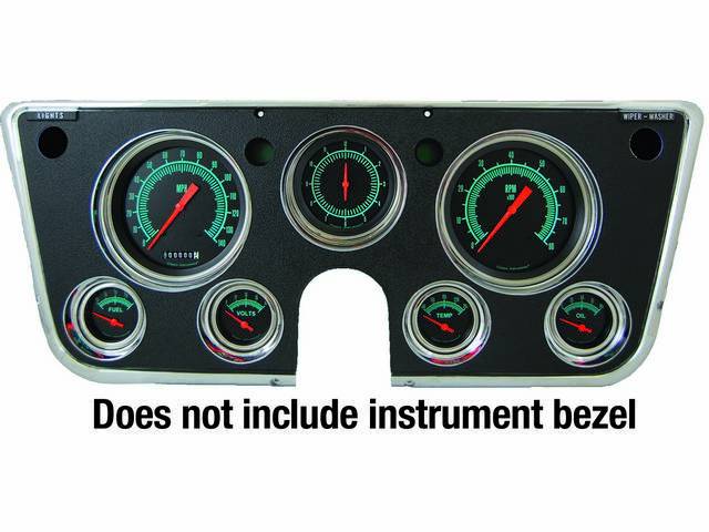 GAUGE KIT, Classic Instruments, G-Stock Series (gauge has orange pointer w/ green markings on a dark gray face), incl 4 5/8 inch o.d. speedometer and tachometer, 3 3/8 inch clock, 2 1/8 inch fuel, oil, temperature and volt gauges, instrument bezel not inc