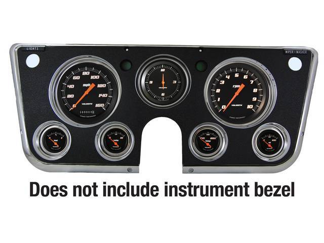 GAUGE KIT, Classic Instruments, Velocity Black Series (gauge has orange pointer w/ orange outlined white markings on a black face), incl 4 5/8 inch o.d. speedometer and tachometer, 3 3/8 inch clock, 2 1/8 inch fuel, oil, temperature and volt gauges, instr