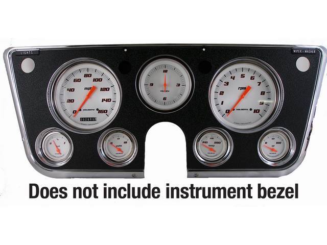 GAUGE KIT, Classic Instruments, Velocity White Series (gauge has orange pointer w/ black markings on a white face), incl 4 5/8 inch o.d. speedometer and tachometer, 3 3/8 inch clock, 2 1/8 inch fuel, oil, temperature and volt gauges, instrument bezel not 