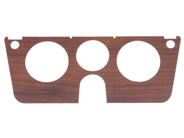 APPLIQUE, Dash / Instrument Bezel, Woodgrain, w/o gauges or manual choke, features 3 cutouts for gauges, 1 for wipers and 1 for lights, repro