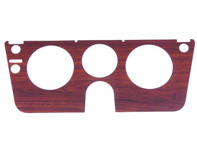 APPLIQUE, Dash / Instrument Bezel, Woodgrain, w/o gauges, features 3 cutouts for gauges, 1 for wipers, 1 for lights and 1 for choke / accessory, repro