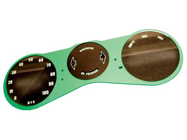 LENS, Instrument Cluster, 3 dial layout (w/o gauges, w/o tachometer), features 3 dials w/ green surround and white lettering), LH large 0-100 *MPH*, RH large *Fuel*, and smaller center dial w/ *Generator* and *Oil Pressure* warning lights plus RH and LH t