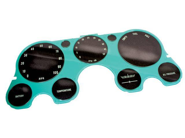 LENS, Instrument Cluster, 7 dial layout (w/ gauges, w/ tachometer), features 7 dials w/ green surround and white lettering), LH large 0-100 *MPH*, RH large *Fuel*, medium center 0-5000 *RPM*, and three smaller lower dials for *Battery*, *Temperature* and 