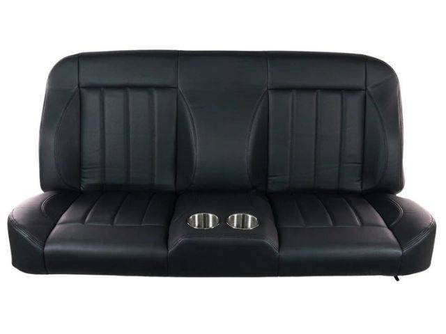 Complete Sport Bench Seat, Black Vinyl, Black Stitching and Vertical Inserts, w/ Cup Holders