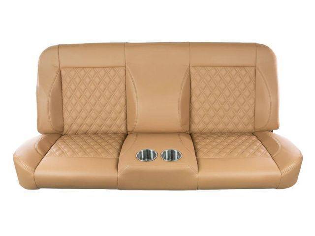 Complete Sport Bench Seat, Tan Vinyl, Tan Stitching and Diamond Inserts, w/ Cup Holders