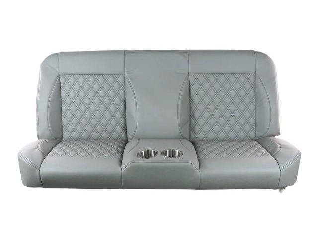 Complete Sport Bench Seat, Gray Vinyl, Black Stitching and Diamond Inserts, w/ Cup Holders