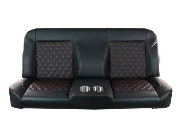 Complete Sport Bench Seat, Black Vinyl, Red Stitching and Diamond Inserts, w/ Cup Holders