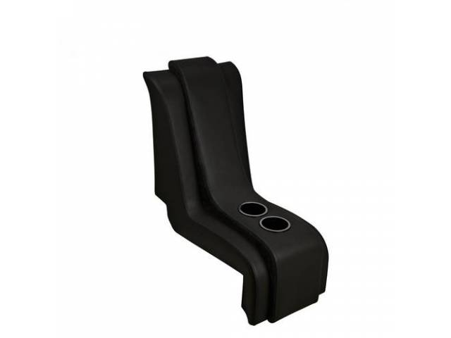 COMPLETE CENTER CONSOLE, TMI Sport Series, molded fiberglass shell covered in black madrid grain vinyl w/ black contrast stitching, features two cup holders, designed to be used w/ TMI Pro Classic series bucket seats only (see group p/n C-PLA for seats), 