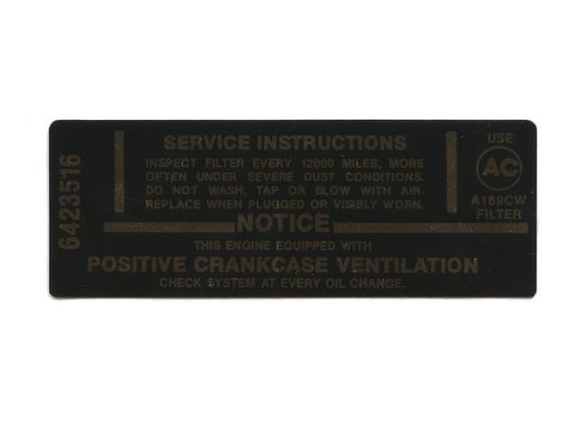 DECAL, Air Cleaner, Service instructions, replaces GM p/n