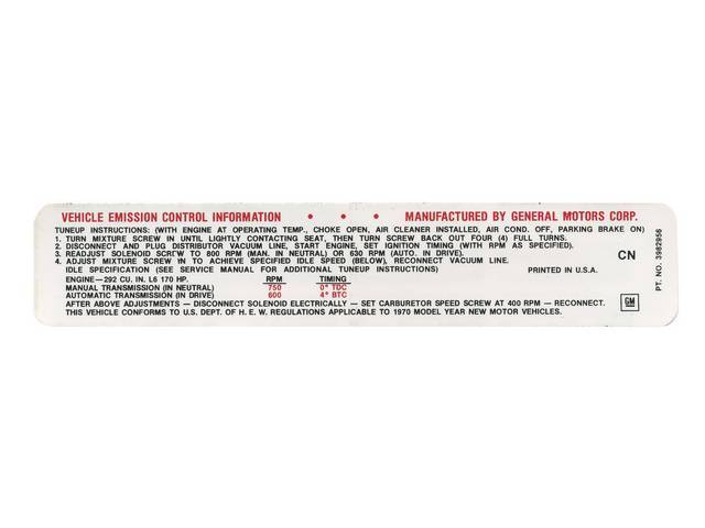 Emission Decal, Auto / Manual, 292-170 HP, reproduction