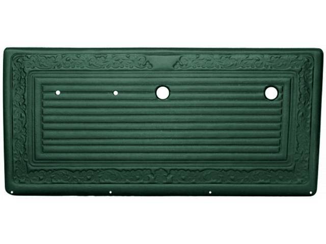 PANEL SET, Inside Door, Pre-Assembled, Dark Metallic Green, walrus grain vinyl features correct dielectrically scroll details attached to an ABS-plastic panel, does not incl attaching hardware or top rail
