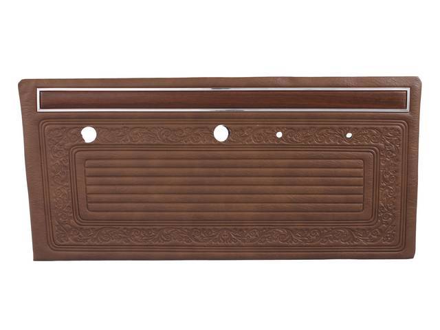 PANEL SET, Inside Door, Pre-Assembled, Dark Saddle, Walrus grain vinyl features dielectrically scroll details w/ woodgrain and mylar chrome top strip attached to an ABS-plastic panel, does not incl attaching hardware or top rail