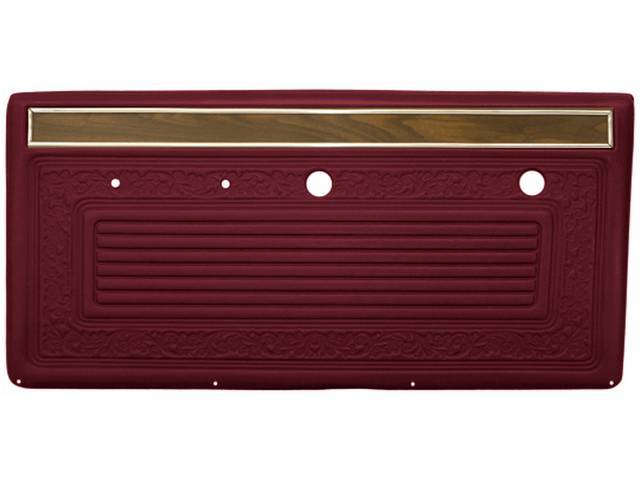 PANEL SET, Front Door, horizontal pleat center surrounded by scroll style w/ woodgrain strip and mylar trim on top, OE red, ABS-plastic, replacement style repro