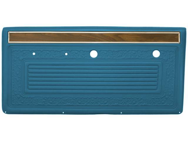 OE Blue Horizontal Pleat Center With Woodgrain and Mylar Trim Front Door Panel Set, ABS-plastic construction