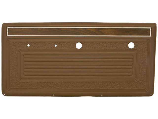 PANEL SET, Front Door, horizontal pleat center surrounded by scroll style w/ woodgrain strip and mylar trim on top, OE brown, ABS-plastic, replacement style repro
