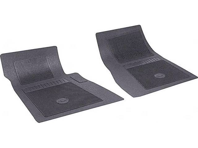 FLOOR MATS, RUBBER, OE STYLE BOW TIE, BLACK, (2), DIE CUT TO FIT ORIGINAL FLOOR PAN CONTOURS, INCL EMBOSSED BOW TIE LOGO AND OE STYLE CARPET GRIPS, REPRO