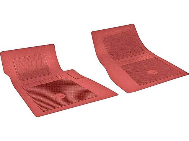 FLOOR MATS, RUBBER, OE STYLE BOW TIE, RED, (2) PICKUP, DIE CUT TO FIT ORIGINAL FLOOR PAN CONTOURS, INCL EMBOSSED BOW TIE LOGO AND OE STYLE CARPET GRIPS, REPRO