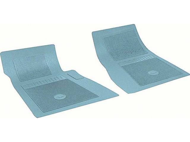 FLOOR MATS, RUBBER, OE STYLE BOW TIE, LIGHT BLUE , (2), DIE CUT TO FIT ORIGINAL FLOOR PAN CONTOURS, INCL EMBOSSED BOW TIE LOGO AND OE STYLE CARPET GRIPS, REPRO