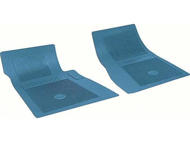 FLOOR MATS, RUBBER, OE STYLE BOW TIE, MED BLUE, (2), DIE CUT TO FIT ORIGINAL FLOOR PAN CONTOURS, INCL EMBOSSED BOW TIE LOGO AND OE STYLE CARPET GRIPS, REPRO