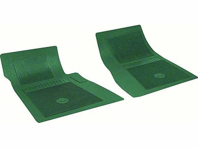 FLOOR MATS, RUBBER, OE STYLE BOW TIE, DARK GREEN, (2), DIE CUT TO FIT ORIGINAL FLOOR PAN CONTOURS, INCL EMBOSSED BOW TIE LOGO AND OE STYLE CARPET GRIPS, REPRO