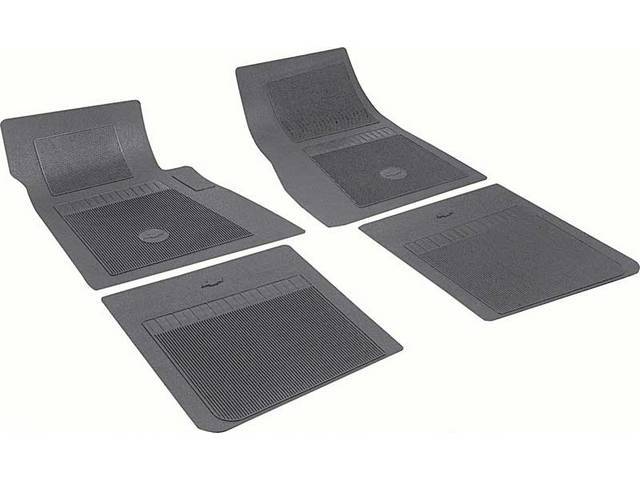 FLOOR MATS, Rubber, OE Style Bow Tie, Black, (4) Die Cut To Fit Original Floorpan Contours, Incl Embossed Bow Tie Logo and OE Style Carpet Grips, OER repro