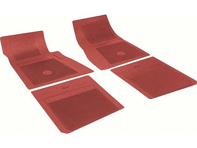 FLOOR MATS, RUBBER, OE STYLE BOW TIE, RED, (4), DIE CUT TO FIT ORIGINAL FLOOR PAN CONTOURS, INCL EMBOSSED BOW TIE LOGO AND OE STYLE CARPET GRIPS, REPRO