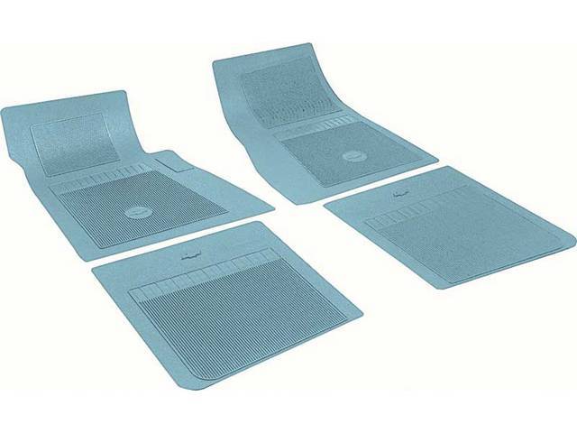 FLOOR MATS, RUBBER, OE STYLE BOW TIE, LIGHT BLUE, (4), DIE CUT TO FIT ORIGINAL FLOOR PAN CONTOURS, INCL EMBOSSED BOW TIE LOGO AND OE STYLE CARPET GRIPS, REPRO