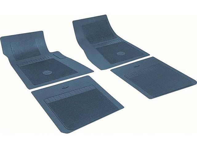 FLOOR MATS, RUBBER, OE STYLE BOW TIE, DARK BLUE, (4), DIE CUT TO FIT ORIGINAL FLOOR PAN CONTOURS, INCL EMBOSSED BOW TIE LOGO AND OE STYLE CARPET GRIPS, REPRO