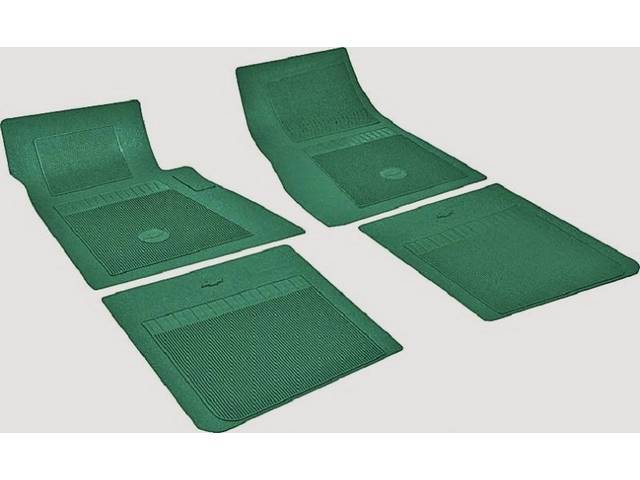 FLOOR MATS, RUBBER, OE STYLE BOW TIE, DARK GREEN, (4), DIE CUT TO FIT ORIGINAL FLOOR PAN CONTOURS, INCL EMBOSSED BOW TIE LOGO AND OE STYLE CARPET GRIPS, REPRO