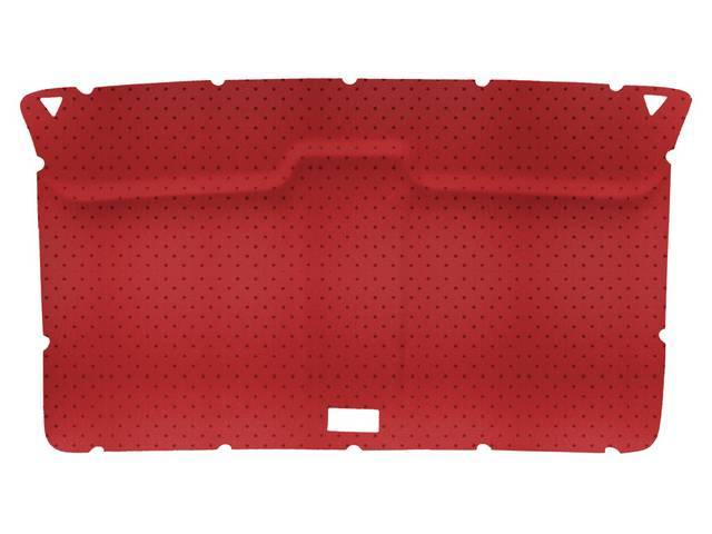 HEADLINER ASSEMBLY, Dark Red Cloth, assembly includes original style headliner board in ABS-plastic (board features cutouts for sunvisor supports and dome light), plus dark red cloth, the cloth covers the sunvisor supports and dome light cutouts, and will