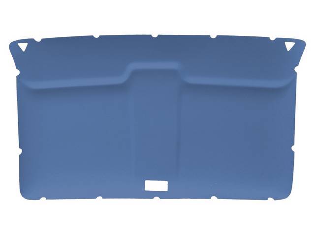 HEADLINER ASSEMBLY, Medium Blue Cloth, assembly includes original style headliner board in ABS-plastic (board features cutouts for sunvisor supports and dome light), plus medium blue cloth, the cloth covers the sunvisor supports and dome light cutouts, an