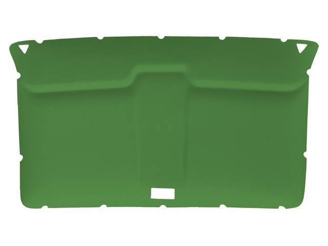 HEADLINER ASSEMBLY, Medium Green Cloth, assembly includes original style headliner board in ABS-plastic (board features cutouts for sunvisor supports and dome light), plus medium green cloth, the cloth covers the sunvisor supports and dome light cutouts, 