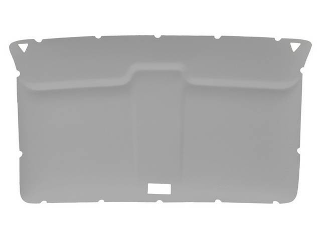 HEADLINER ASSEMBLY, Light Gray Cloth, assembly includes original style headliner board in ABS-plastic (board features cutouts for sunvisor supports and dome light), plus light gray cloth, the cloth covers the sunvisor supports and dome light cutouts, and 