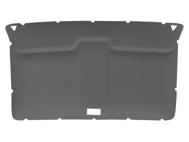 HEADLINER ASSEMBLY, Charcoal Cloth, assembly includes original style headliner board in ABS-plastic (board features cutouts for sunvisor supports and dome light), plus charcoal cloth, the cloth covers the sunvisor supports and dome light cutouts, and will