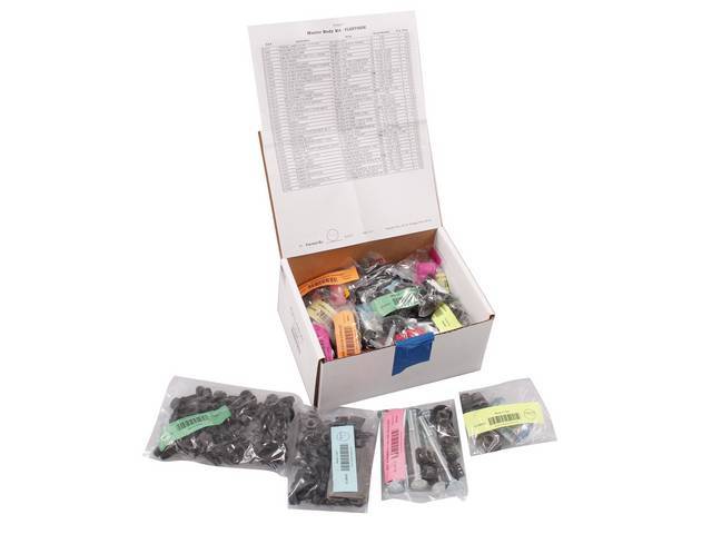 HARDWARE KIT, Master Body, correct fasteners to assemble vehicle sheetmetal in one kit at a discount over purchasing individual smaller kits, (508) incl OE style fasteners w/ correct color and markings