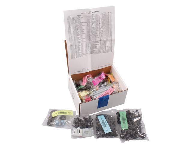 HARDWARE KIT, Master Body, correct fasteners to assemble vehicle sheetmetal in one kit at a discount over purchasing individual smaller kits, (467) incl OE style fasteners w/ correct color and markings