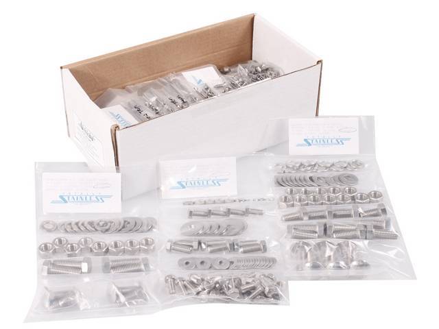 MASTER BODY HARDWARE KIT, Stainless, features indented hex head bolts (original style w/o markings), incl hardware for battery box, front bumper, cowl, door hinges, door latch and catch, firewall, front and inner fenders, head light and parking light lens