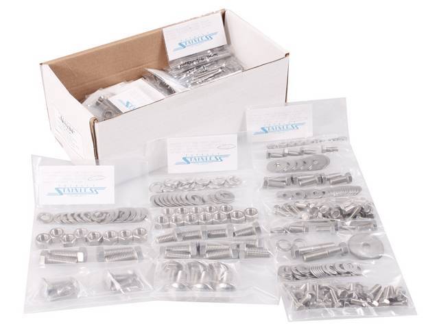 MASTER BODY HARDWARE KIT, Stainless, features indented hex head bolts (original style w/o markings), incl hardware for battery box, front bumper, cowl, door hinges, door latch and catch, firewall, front and inner fenders, head light and parking light lens