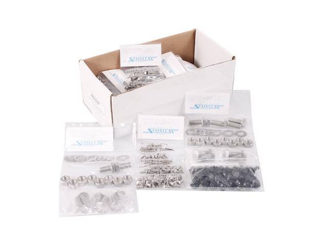 MASTER BODY HARDWARE KIT, Stainless, features indented hex head bolts (original style w/o markings) w/ black finish (where applicable), incl hardware for bumper, cowl, door hinges, door jamb, door latch, door sills, firewall, master cylinder, steering col