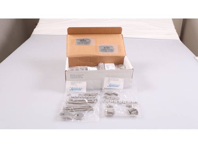 MASTER BODY HARDWARE KIT, Stainless, features button and socket head bolts, incl hardware for bumper, cowl, door hinges, door jamb, door latch, door sills, firewall, master cylinder, steering column, front and inner fenders, head light and parking light l