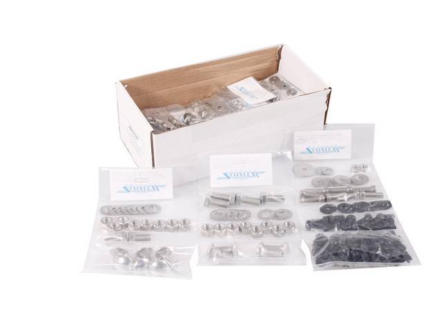 MASTER BODY HARDWARE KIT, Stainless, features indented hex head bolts (original style w/o markings) w/ black finish (where applicable), incl hardware for bumper, cowl, door hinges, door jamb, door latch, door sills, firewall, master cylinder, steering col