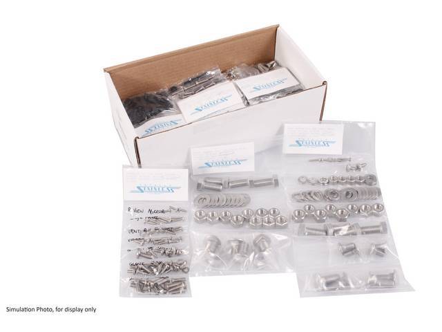 MASTER BODY HARDWARE KIT, Stainless, features indented hex head bolts (original style w/o markings), incl hardware for battery box, bumper, cowl cover, door hinges, door jamb, door latch, door sills, front and inner fenders, front lens and side marker lig