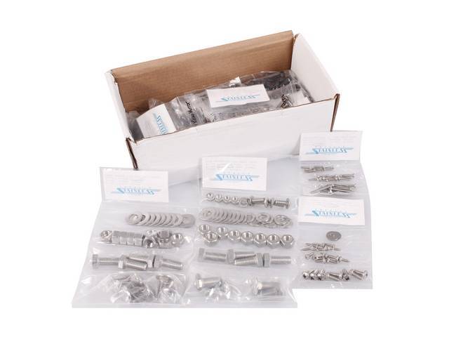 MASTER BODY HARDWARE KIT, Stainless, features indented hex head bolts (original style w/o markings) w/ black finish (where applicable), incl hardware for battery box, bumper, cowl cover, door hinges, door jamb, door latch, door sills, front and inner fend